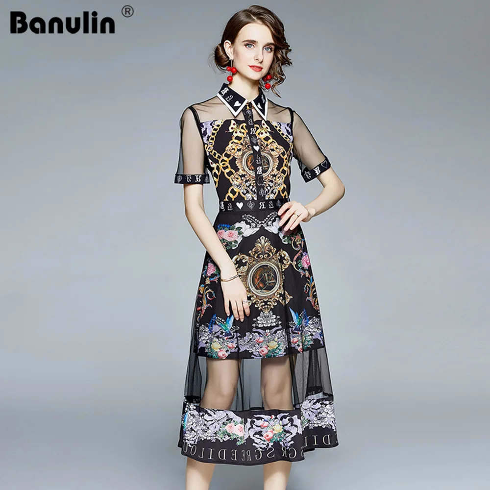 Banulin Летнее Модное платье для подиума, женское Сетчатое платье в стиле пэчворк с коротким рукавом, Элегантные Черные платья до середины икры с винтажным цветочным принтом