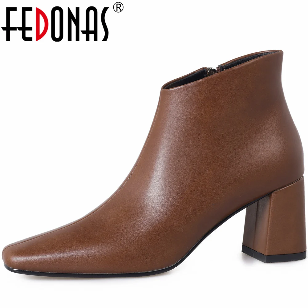 FEDONAS/ Лаконичные женские ботильоны из натуральной кожи на толстом высоком каблуке с квадратным носком, офисная женская базовая обувь, новинка осени-зимы