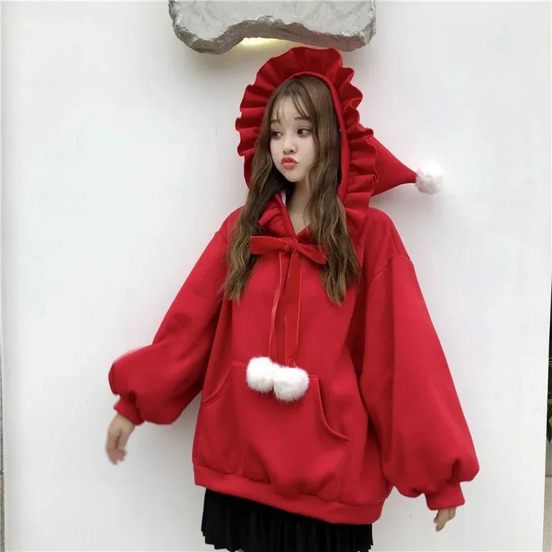 Осенне-зимняя женская однотонная толстовка с капюшоном в корейском стиле, милая толстовка, пуловер, рождественская одежда большого размера с бантом, топы для девочек