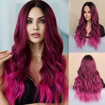 Градиентный маленький кружевной синтетический парик, Красочные парики для косплея, синие, розовые, фиолетовые, длинные Натуральные свободные волнистые парики для женщин, 26 дюймов