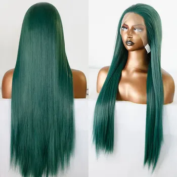 Темно-зеленый парик из синтетических волос на кружеве спереди, Длинное прямое термостойкое волокно, натуральные волосы без пробора для белых женщин, парики